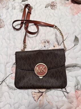 Michael Kors Brown Crossbody with Tan Strap and Gold MK Emblem